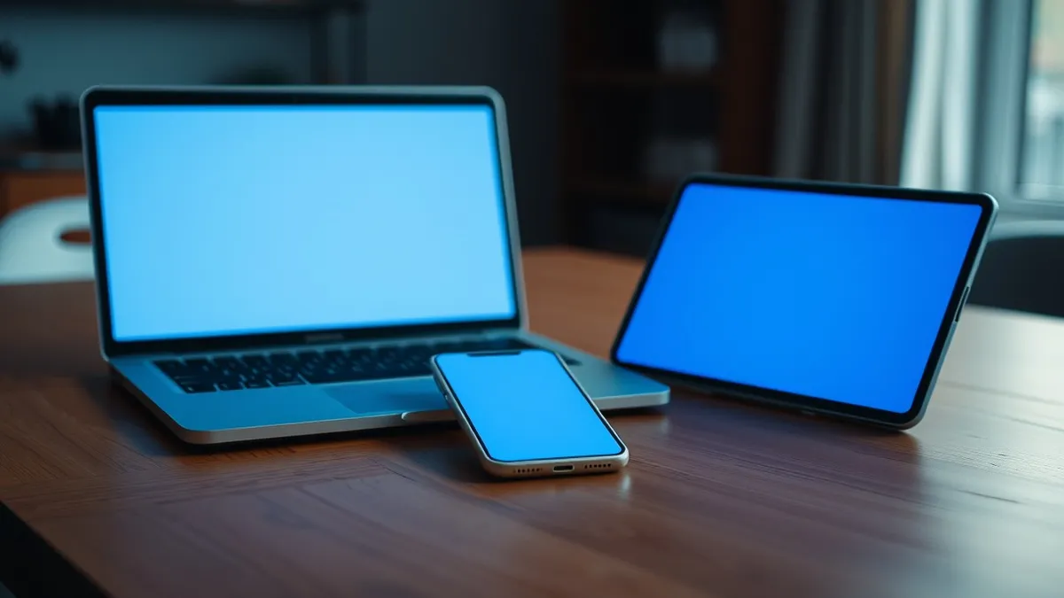 Illustration: A sleek white smartphone rests beside a silver laptop on a clean wooden desk, both displaying identical abstract blue geometric patterns on their blank screens to rep