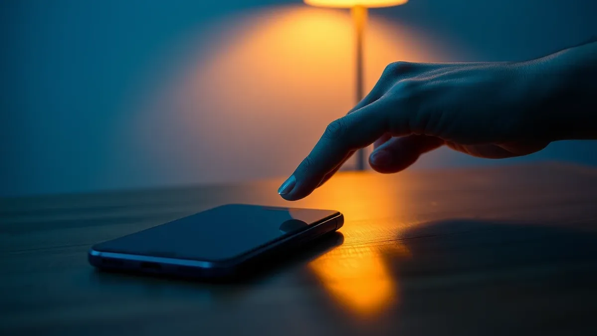 Illustration: A sleek smartphone rests on a wooden table, displaying a blank chat interface.