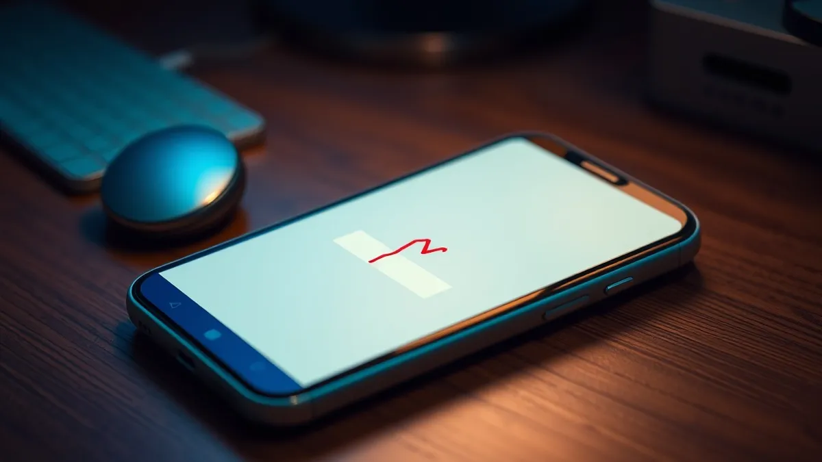 Illustration: A sleek silver smartphone rests on a wooden desk, its screen displaying a blank login interface.