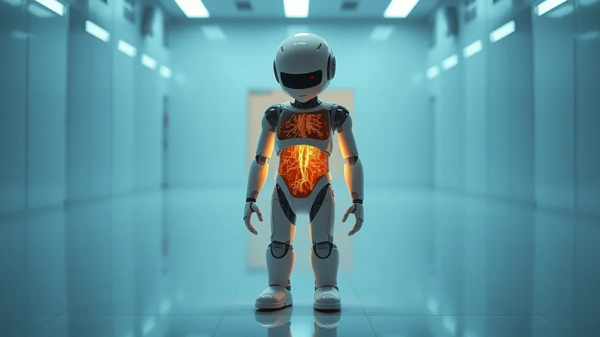 Illustration: A sleek white humanoid robot stands motionless on a polished floor, its head tilted slightly as if processing complex data.