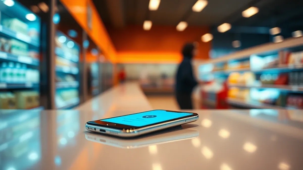 Illustration: A sleek smartphone rests on a polished retail counter, its screen displaying a single, abstract confirmation checkmark within a clean interface.