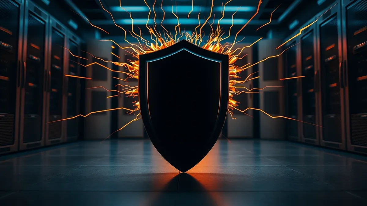 Illustration: A sleek, matte-black shield sits angled in front of a cluster of abstract geometric server blocks, deflecting jagged, incoming energy streams.