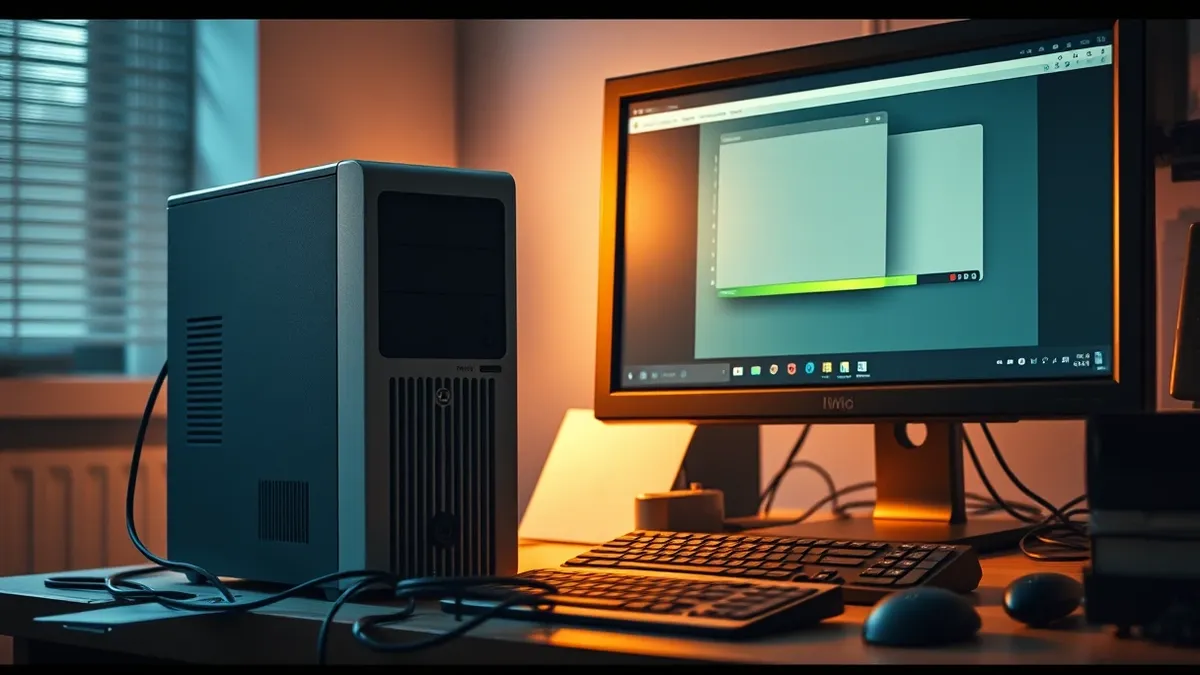 Illustration: A modest desktop computer tower sits on a cluttered office desk next to a standard monitor displaying abstract grey windows.