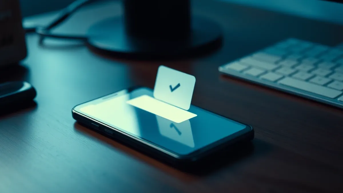 Illustration: A smartphone rests on a sleek wooden desk, its screen displaying a blank notification with a generic checkmark icon.