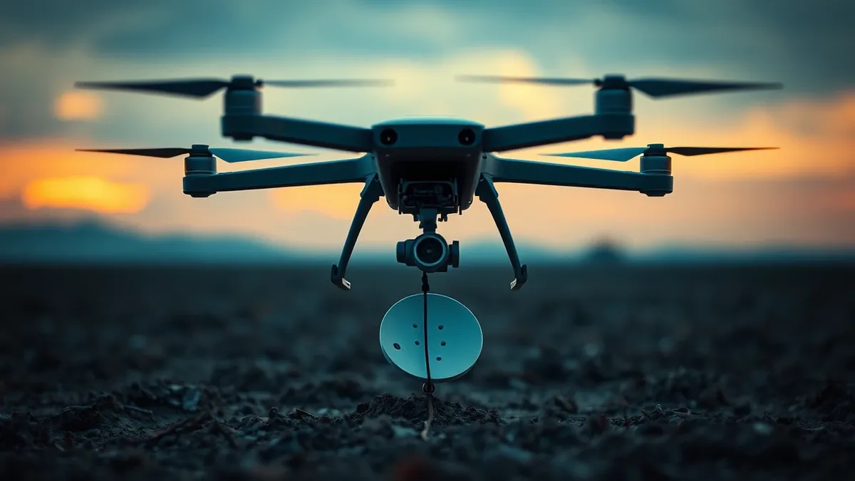 Illustration: A military drone hovers low over a war-torn field, tethered by a thin, taut cable to a compact satellite dish embedded in the mud.