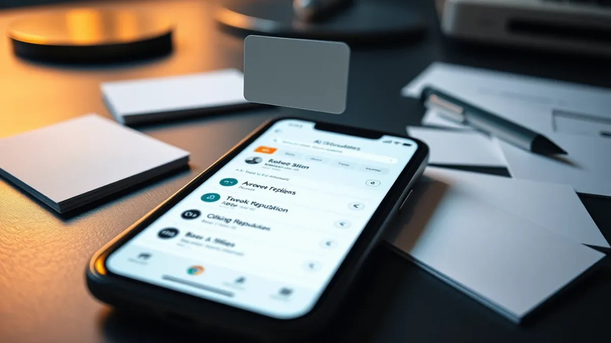 Illustration: A sleek smartphone displays a clean interface with a prominent abstract AI summary box at the top, floating above blurred generic search listings.