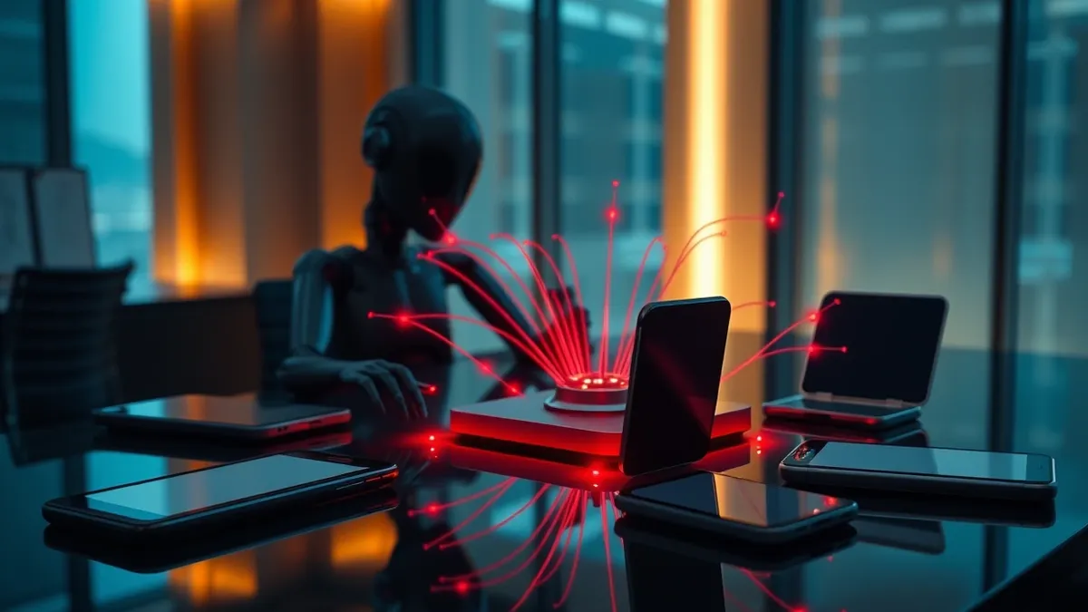 Illustration: A sleek black autonomous AI agent sits on a polished office desk, surrounded by blank smartphones and tablets.