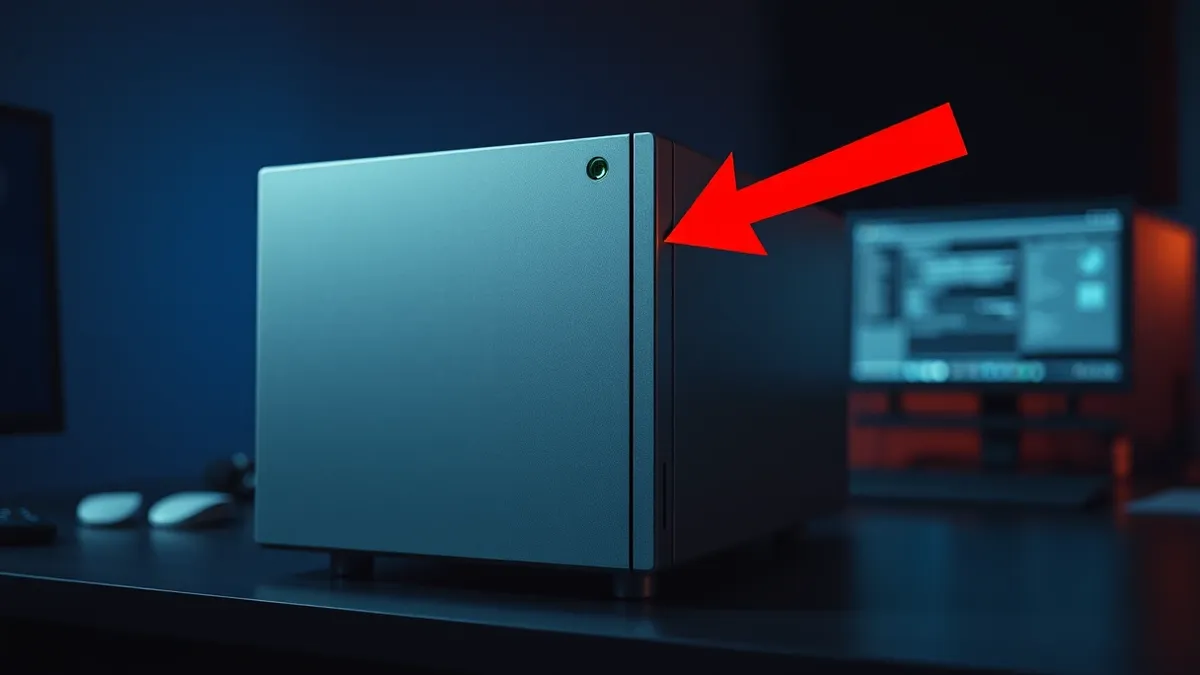 Illustration: A sleek silver server sits isolated on a dark desk, its single green indicator light blinking steadily.