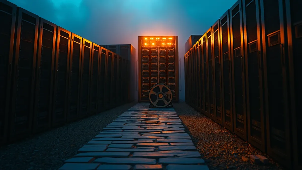 Illustration: A narrow stone path winds upward through a dense forest of identical metal server towers, leaving most units fading into grey mist.