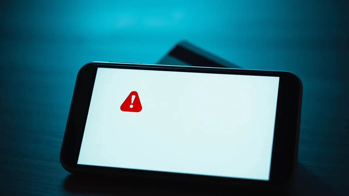 Illustration: A blank smartphone screen displays a single red alert icon hovering over a generic credit card illustration.