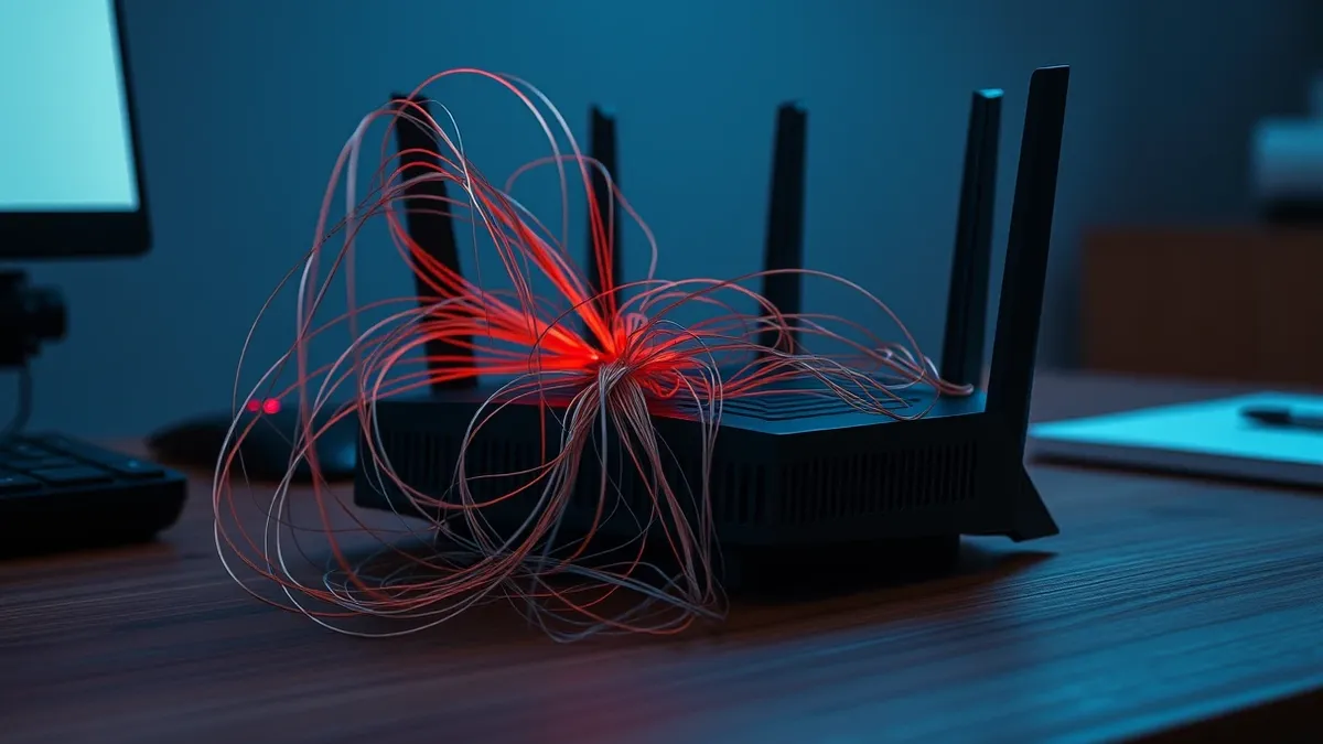 Illustration: A tangled web of thin, colorful threads wraps around a sleek black router sitting on a wooden desk.