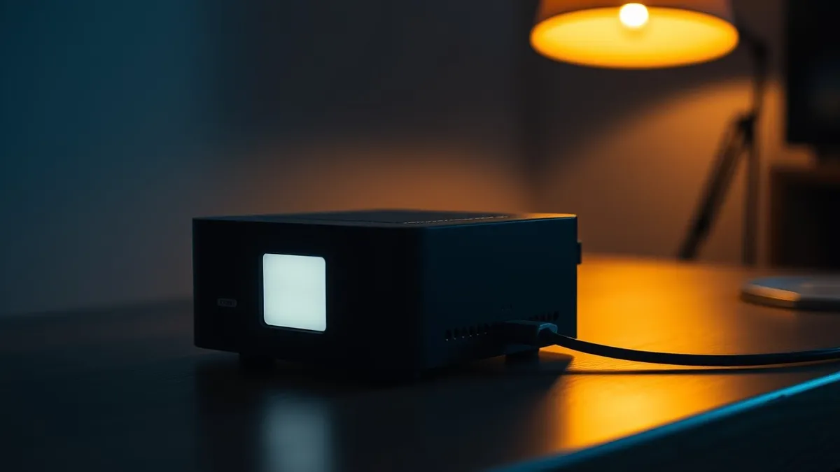 Illustration: A black rectangular media transmission device sits on a wooden table.