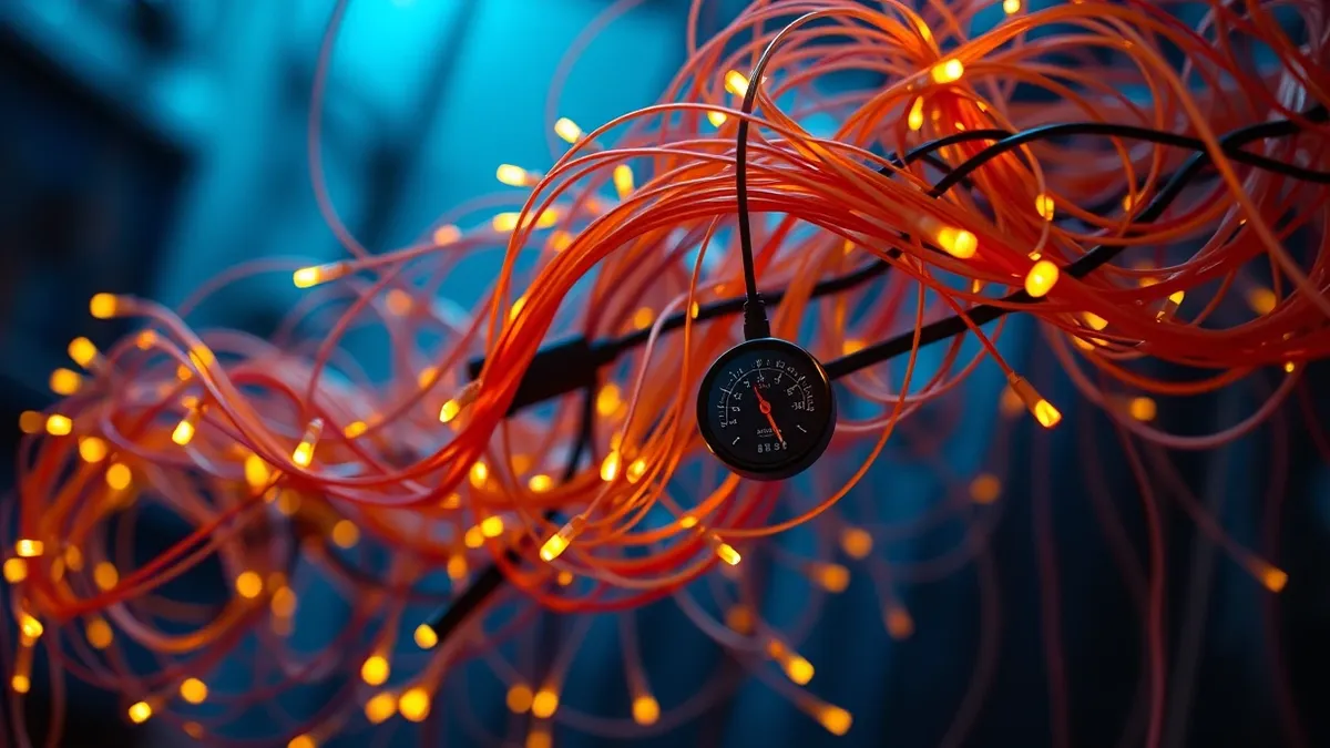 Illustration: A tangled mass of colorful fiber optic cables floats in mid-air, some strands glowing faintly with erratic pulses.