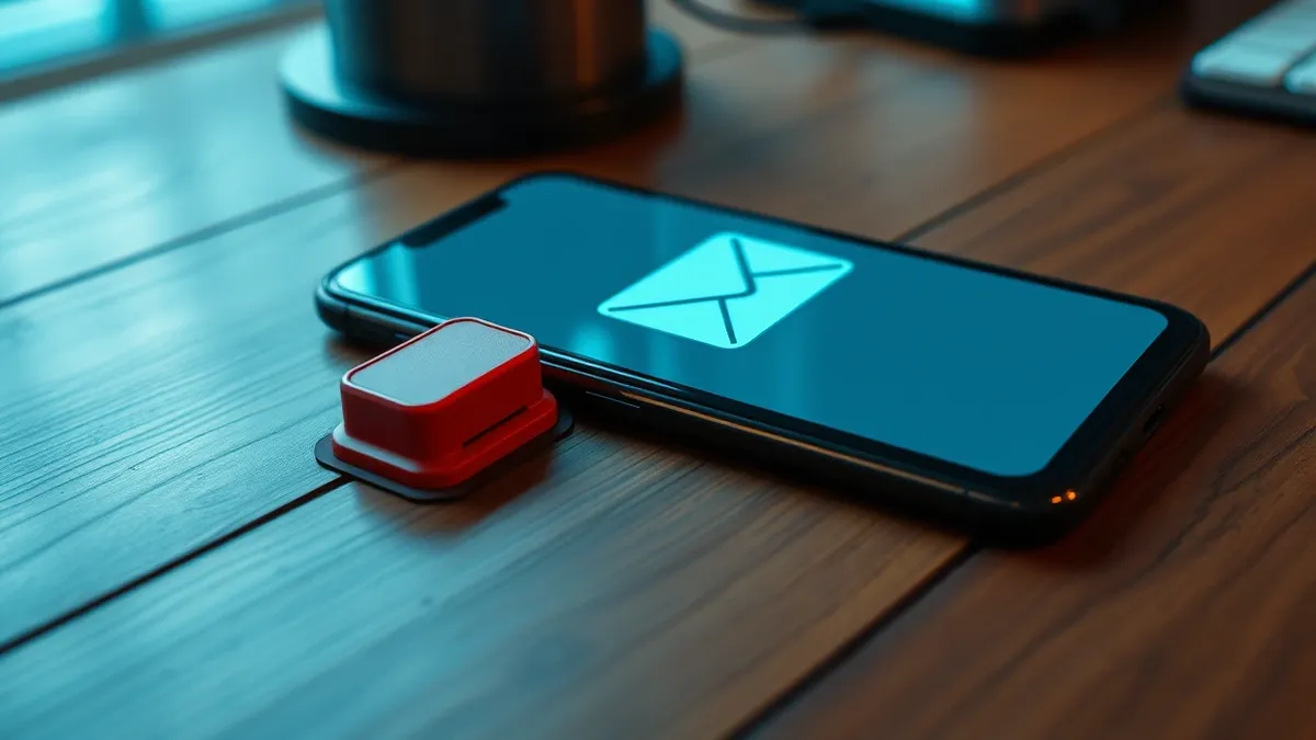 Illustration: A sleek smartphone rests on a wooden desk, its screen displaying a clean email interface with a prominent artificial intelligence icon.