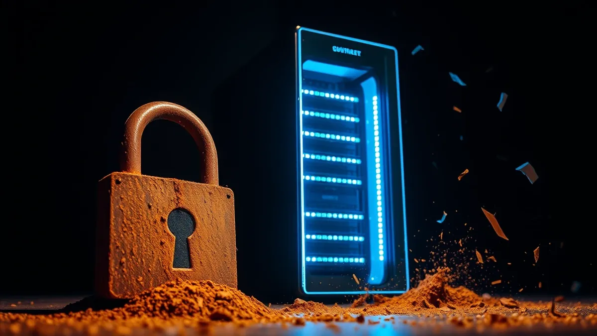 Illustration: A sleek, modern server tower glows with blue light while an old, rusted padlock crumbles into dust beside it.