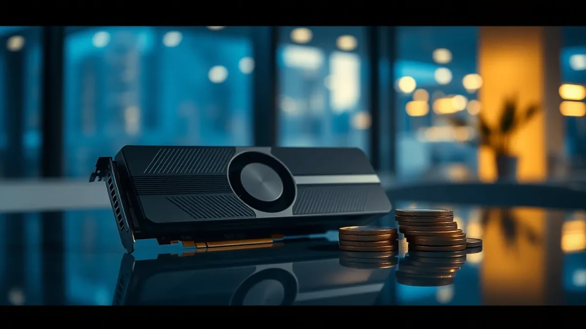 Illustration: A sleek black graphics card rests on a polished table beside a small stack of Euro coins.