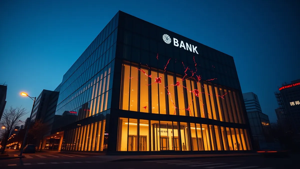 Illustration: A sleek South Korean bank building stands silently under a night sky, its glass facade reflecting faint, jagged digital red cracks spreading across the surface like s