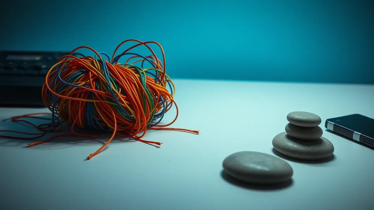 Illustration: A tangled knot of colorful strings sits on a plain desk, representing confused traffic patterns.