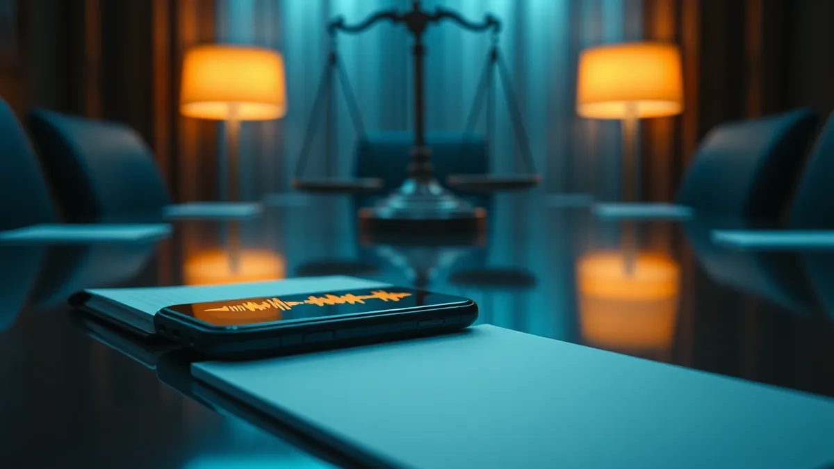Illustration: A sleek black smartphone rests on a polished conference table beside a blank notepad.