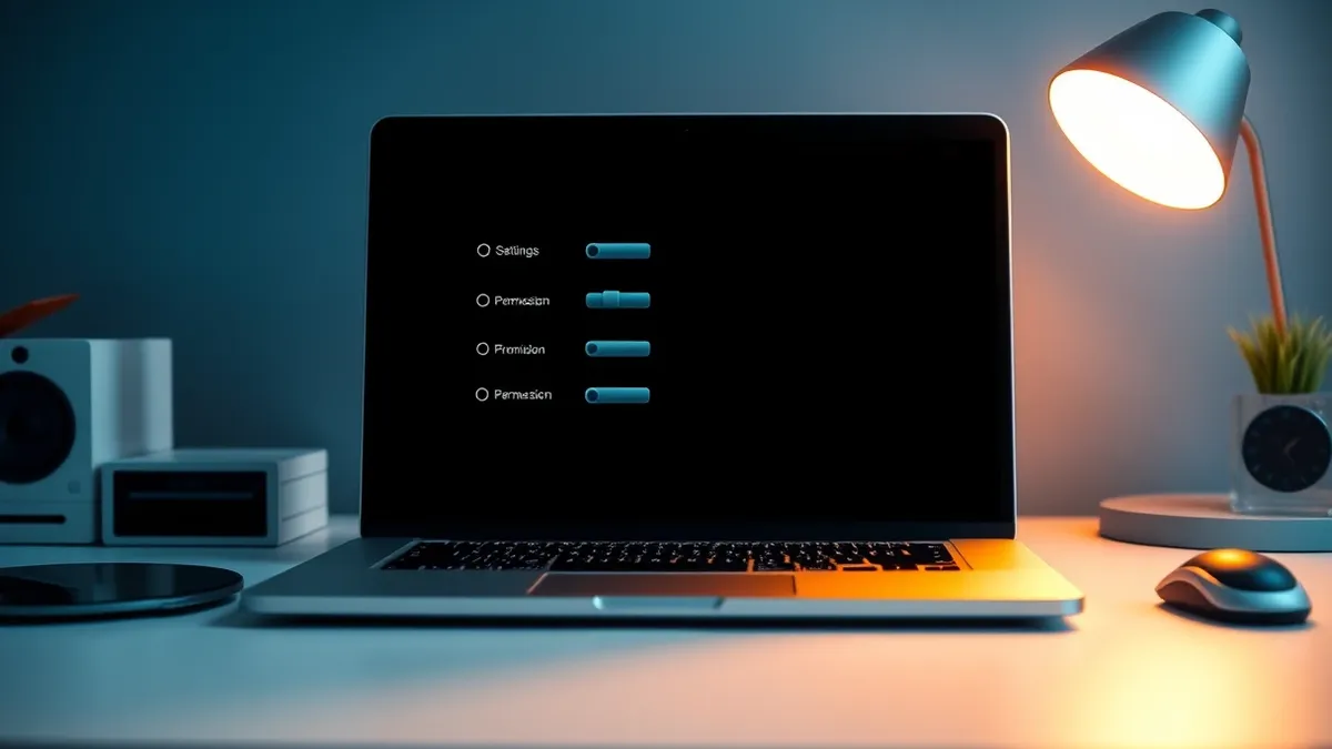 Illustration: A silver laptop sits on a clean desk with its screen displaying a blank settings menu featuring toggle switches and permission checkboxes.