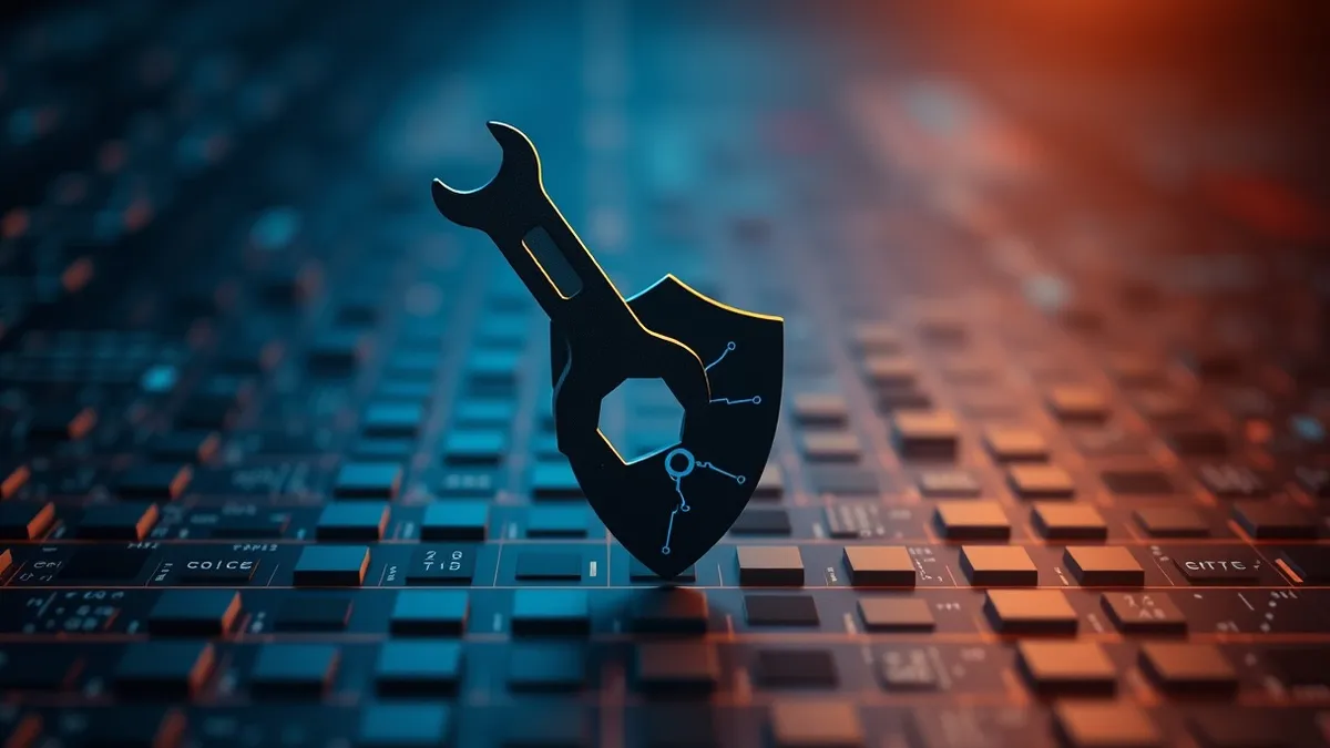Illustration: A stylized digital wrench floats above a grid of abstract geometric shapes representing software code.