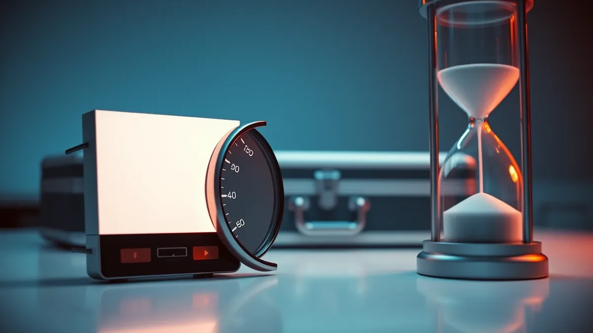 Illustration: A blank digital gauge with a needle resting precisely at the high end sits on a sterile white desk next to a sealed metal briefcase.