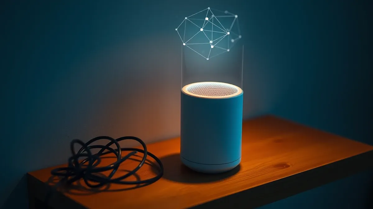 Illustration: A small white cylindrical speaker sits on a wooden shelf beside a tangled power cable.