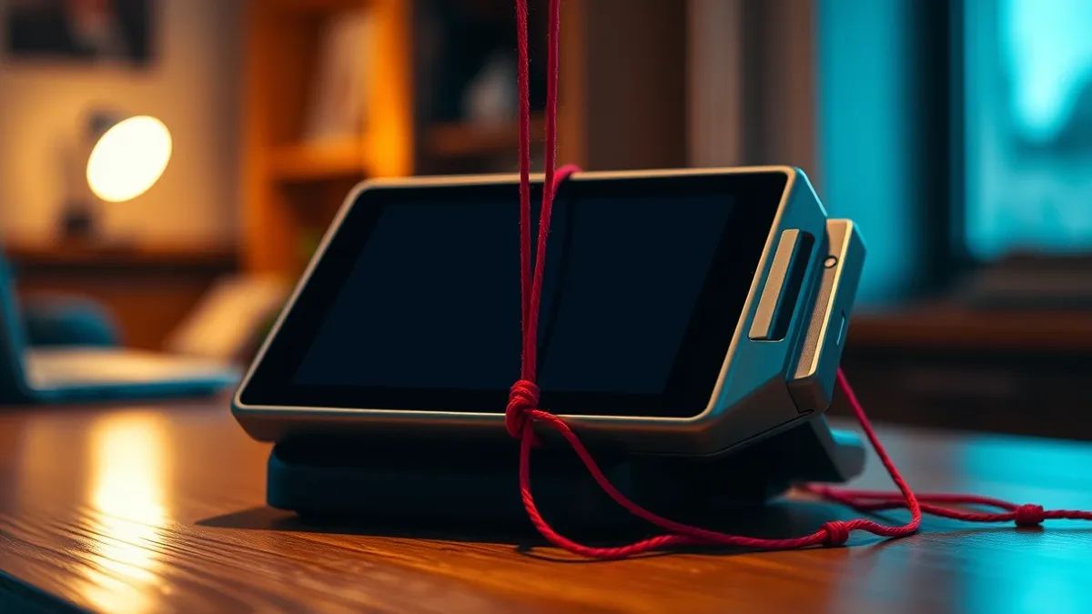 Illustration: A sleek payment terminal sits on a wooden desk, its blank screen reflecting overhead light.