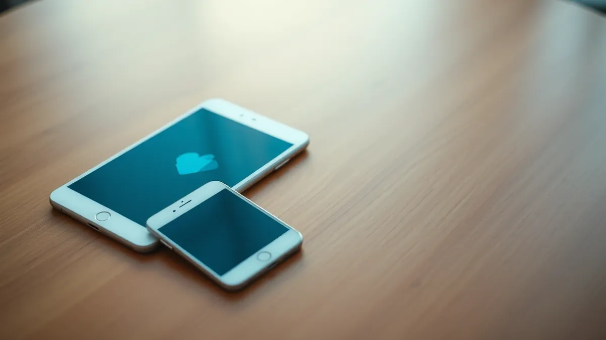 Illustration: A white smartphone rests on a smooth wooden table beside a matching tablet.