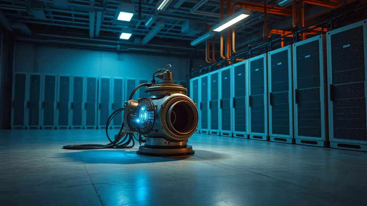 Illustration: A compact cylindrical nuclear reactor sits beside a cluster of blank server racks in a sterile industrial hall.