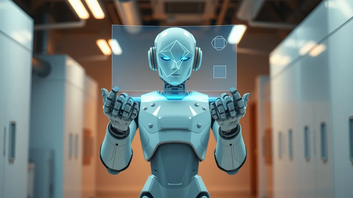 Illustration: A white humanoid robot stands in a sterile lab, projecting a holographic video sequence above its metal hands.