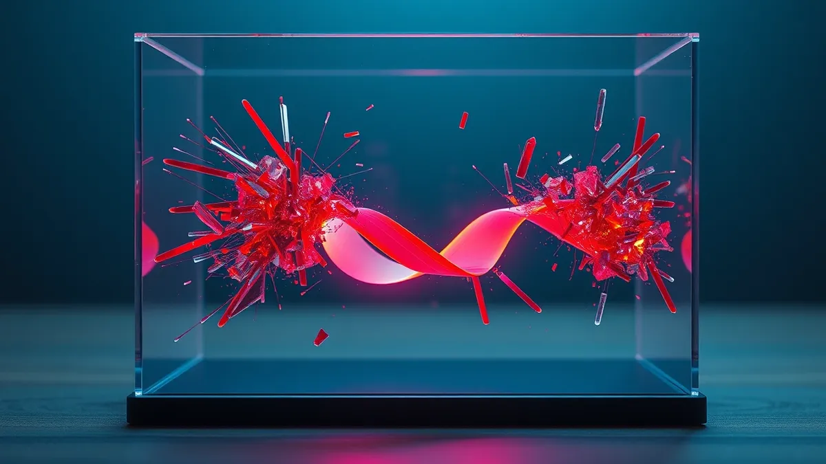 Illustration: A transparent glass box encases a vibrant, twisting digital ribbon.
