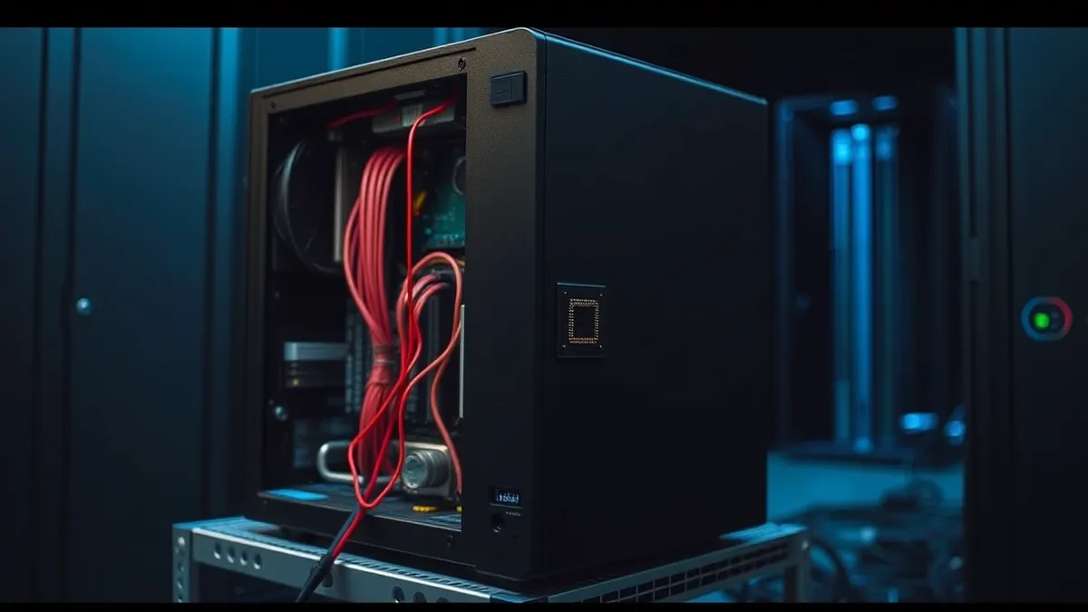 Illustration: A sleek black server tower sits on a metal rack with its side panel removed, revealing intricate circuit boards.