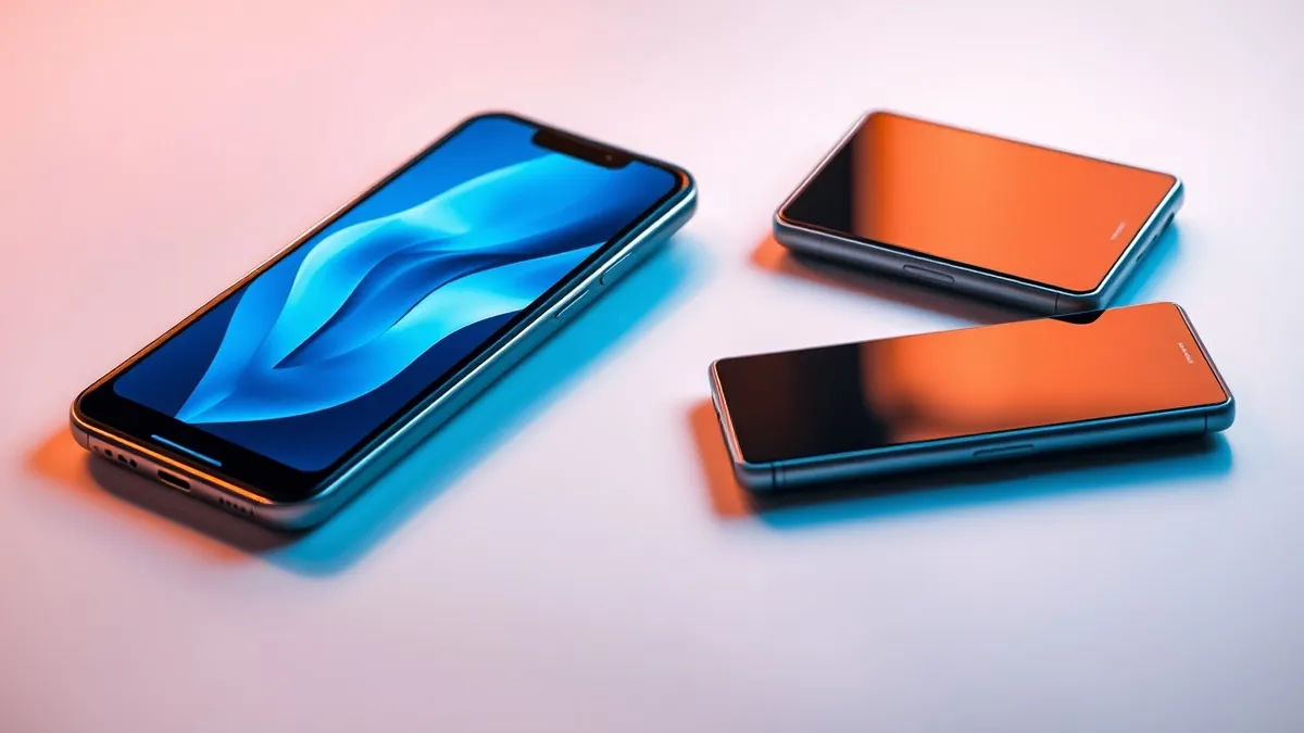 Illustration: A folded smartphone rests on a white table, its screen displaying abstract blue waves.