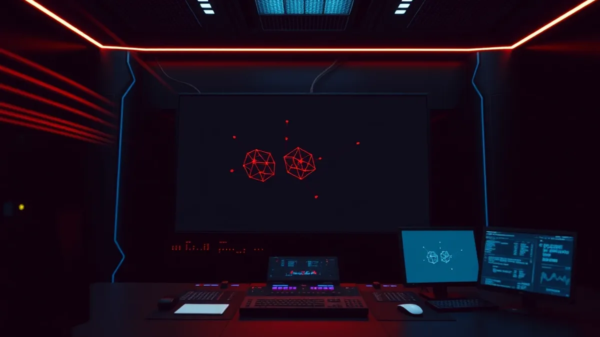 Illustration: A dark control room glows with abstract light streams flowing from a central machine into a large blank monitor.
