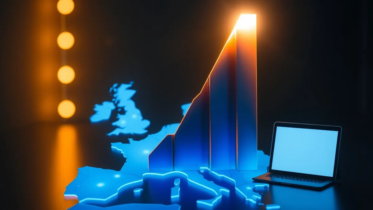 Illustration: A sleek, abstract geometric structure rises from a stylized map of Europe, composed of glowing blue and white blocks.
