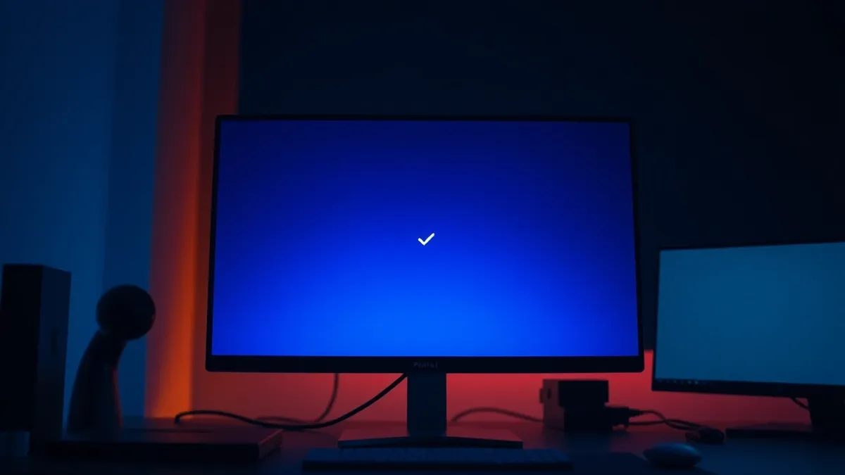 Illustration: A sleek desktop monitor displays a blank blue progress bar filling the screen, symbolizing the final installation process.