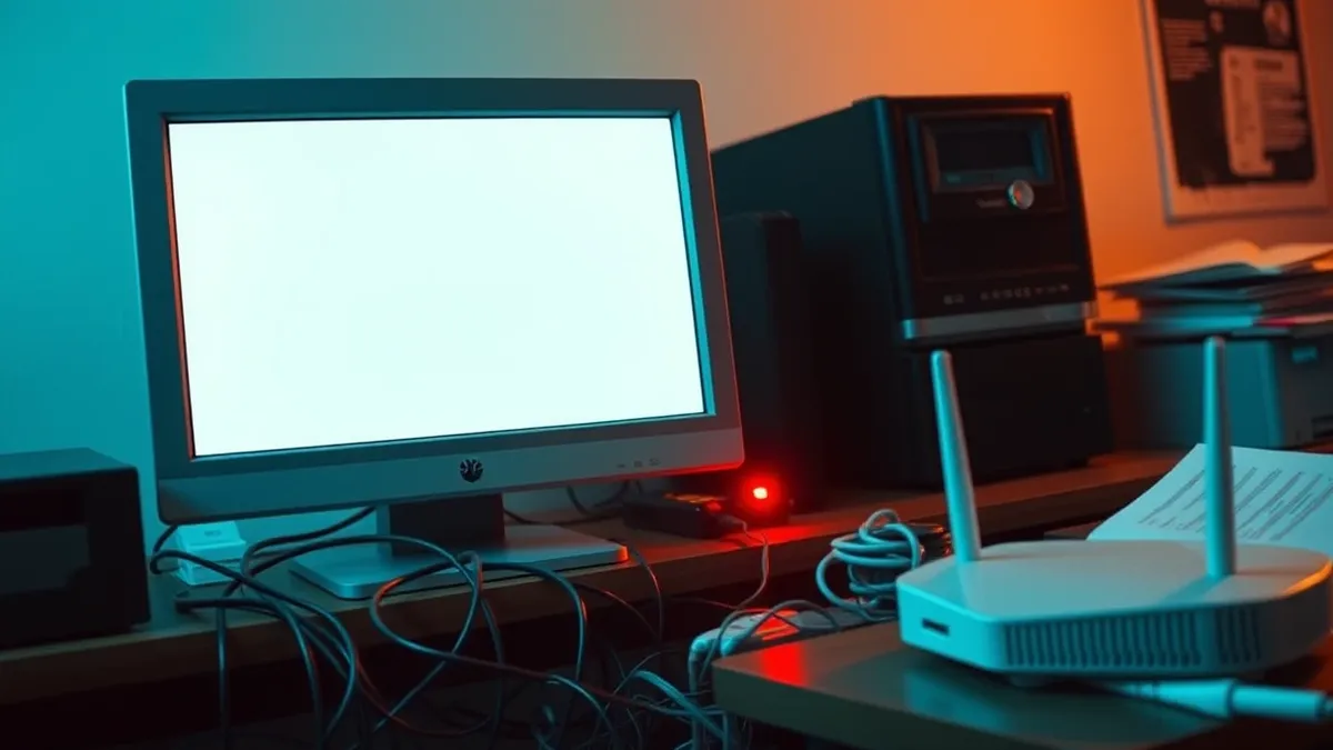 Illustration: A generic desktop computer sits on a cluttered office desk, its monitor displaying a blank white window.