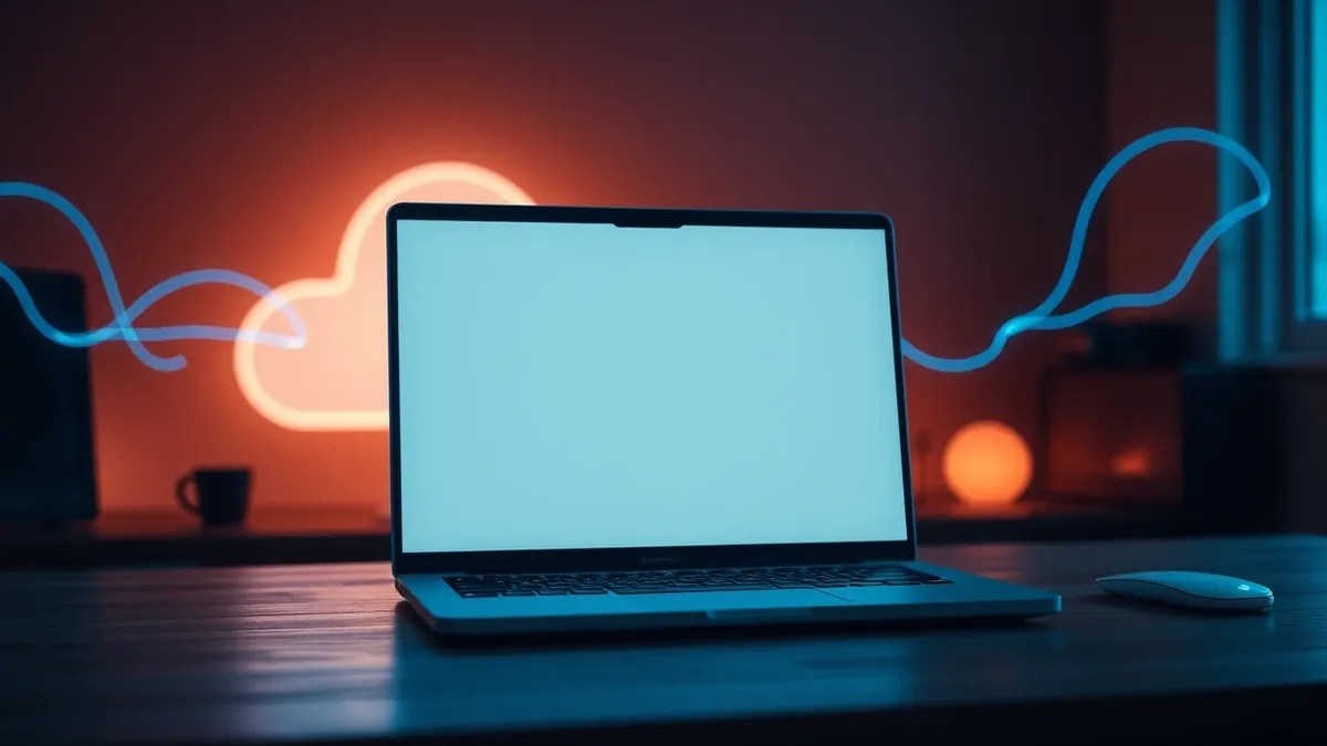 Illustration: A sleek laptop sits on a wooden desk, its screen displaying a blank browser window.