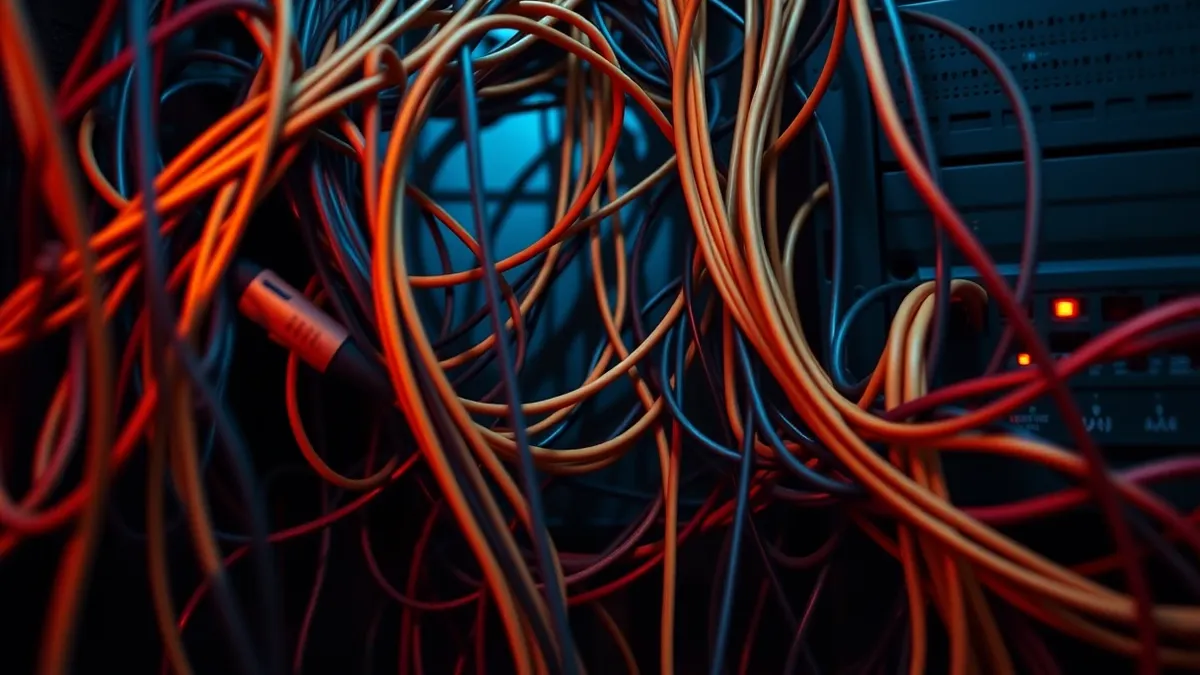 Illustration: A tangled web of thick, colorful network cables connects to a blank router panel.