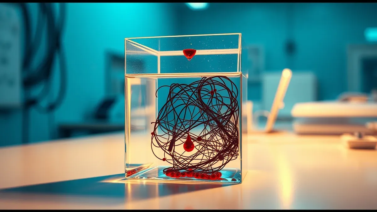 Illustration: A transparent glass cube containing tangled neural network wires sits on a sterile table.