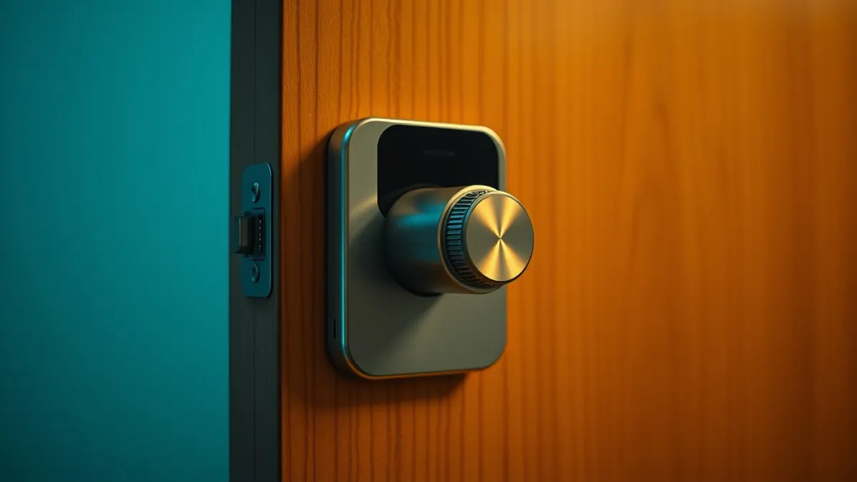 Illustration: A smart door lock mounted on a wooden door features a prominent mechanical dial protruding from its side.