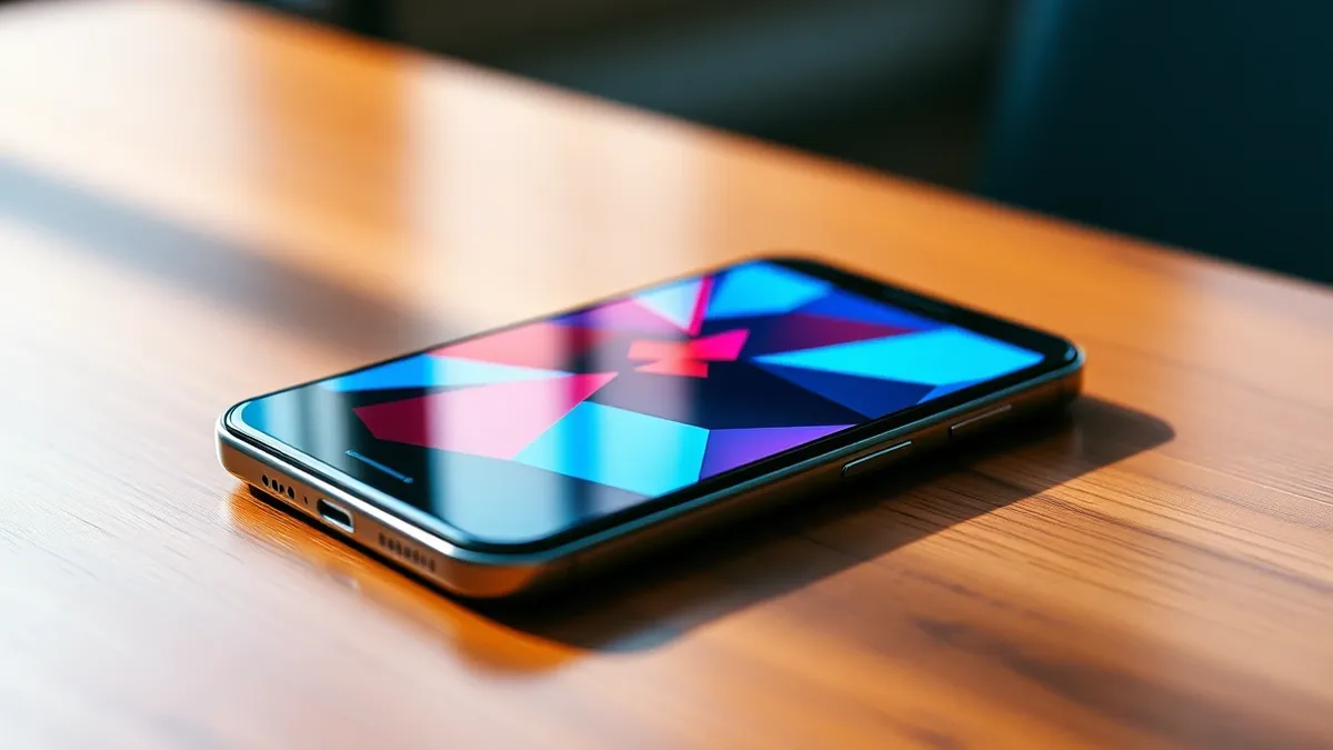 Illustration: A sleek smartphone rests on a wooden table, its tall screen displaying a vibrant abstract geometric pattern.
