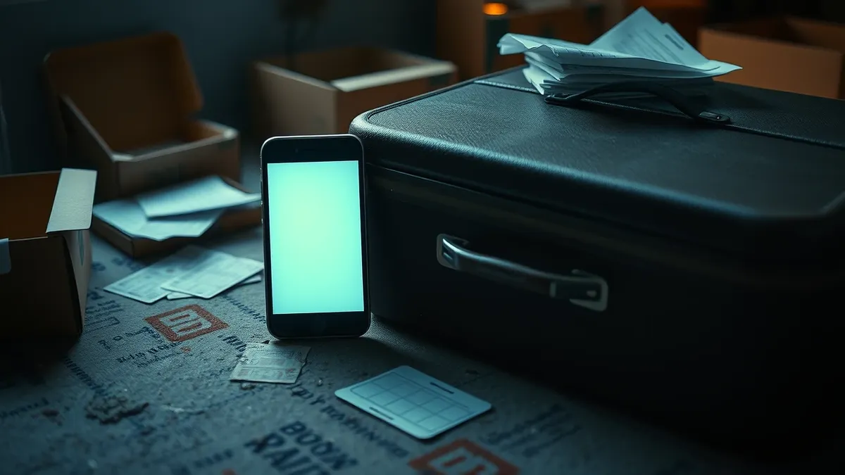 Illustration: A worn suitcase sits on a dusty floor next to a smartphone displaying a blank profile photo.
