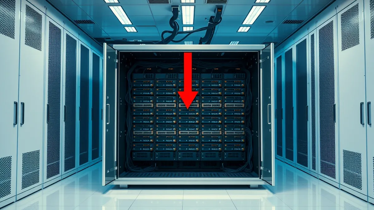 Illustration: A sleek silver data center cabinet sits open in a sterile white room, revealing rows of black network switches and tangled cables.