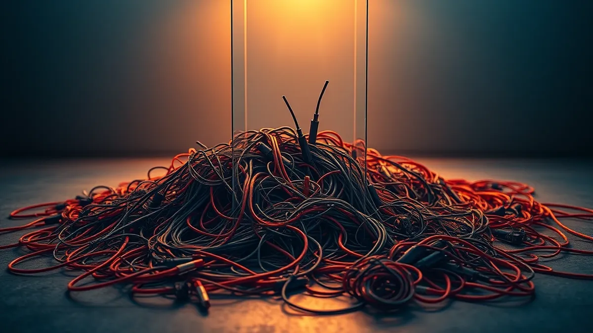 Illustration: A towering heap of tangled, frayed wires spills over a concrete floor, representing chaotic memory.