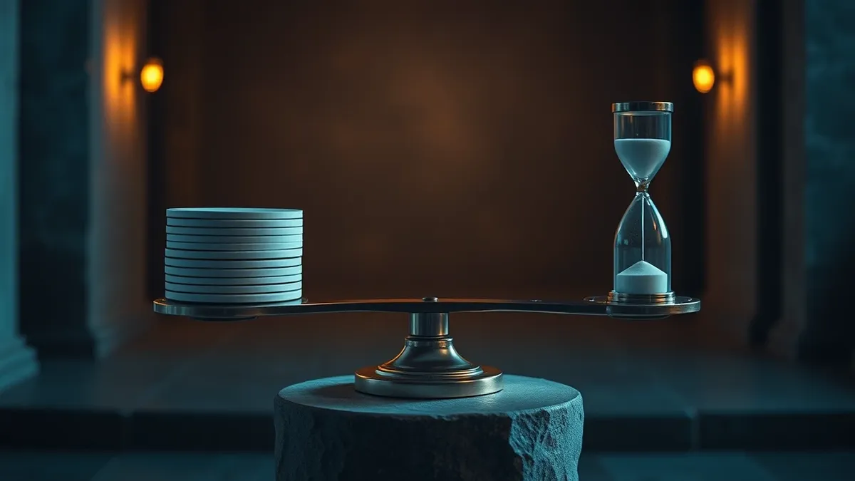 Illustration: A polished metal balance scale sits on a stone pedestal in a dimly lit room.