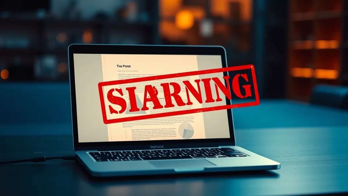 Illustration: A generic laptop displays a document with abstract shapes.