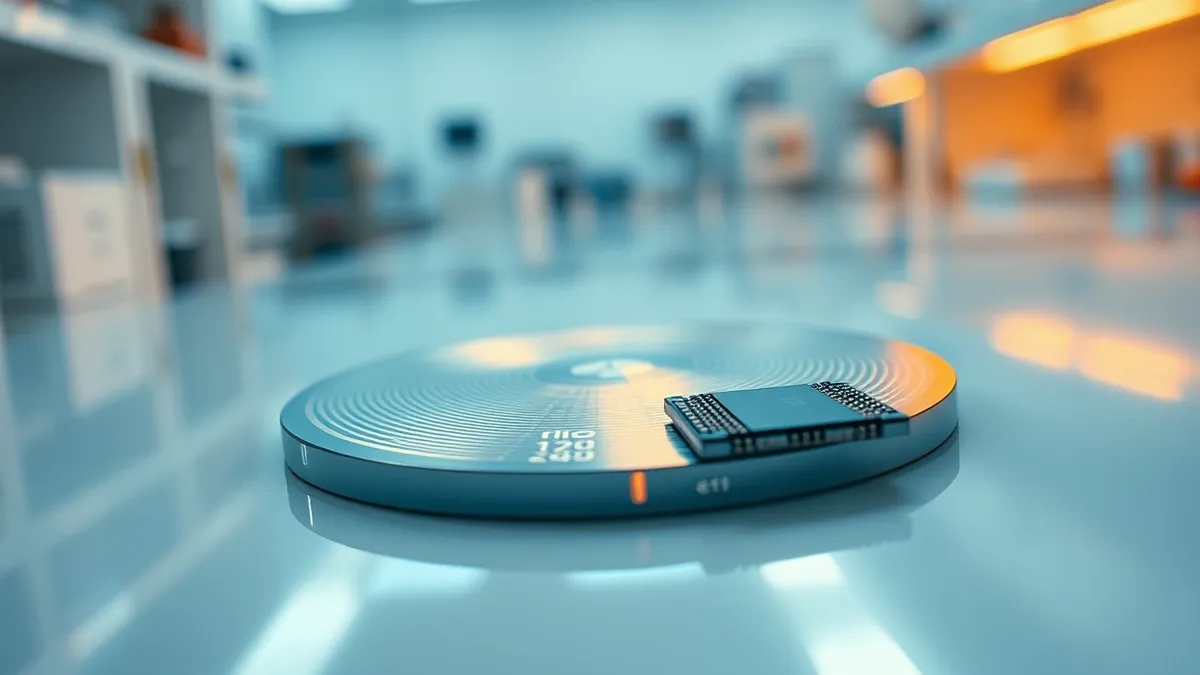 Illustration: A polished silicon wafer rests on a sterile white workbench under bright clinical lighting.