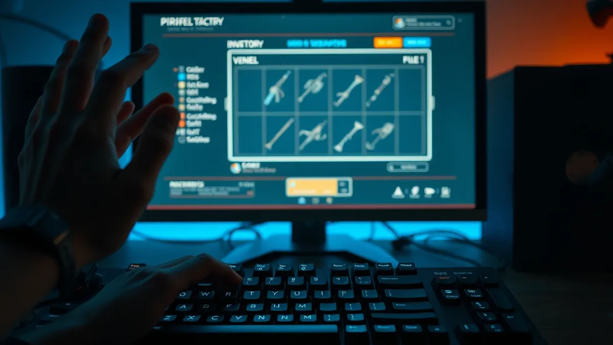 Illustration: A pair of hands hovers over a mechanical keyboard while a computer monitor displays a video game interface.